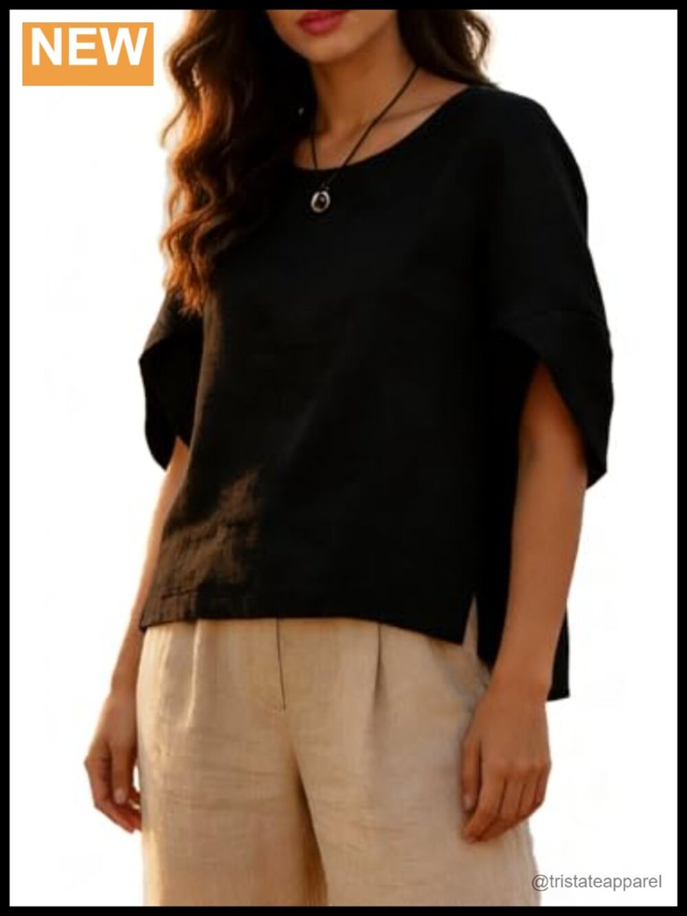 Women's Linen Relaxed Fit Blouse with Split Sleeves Round Neck